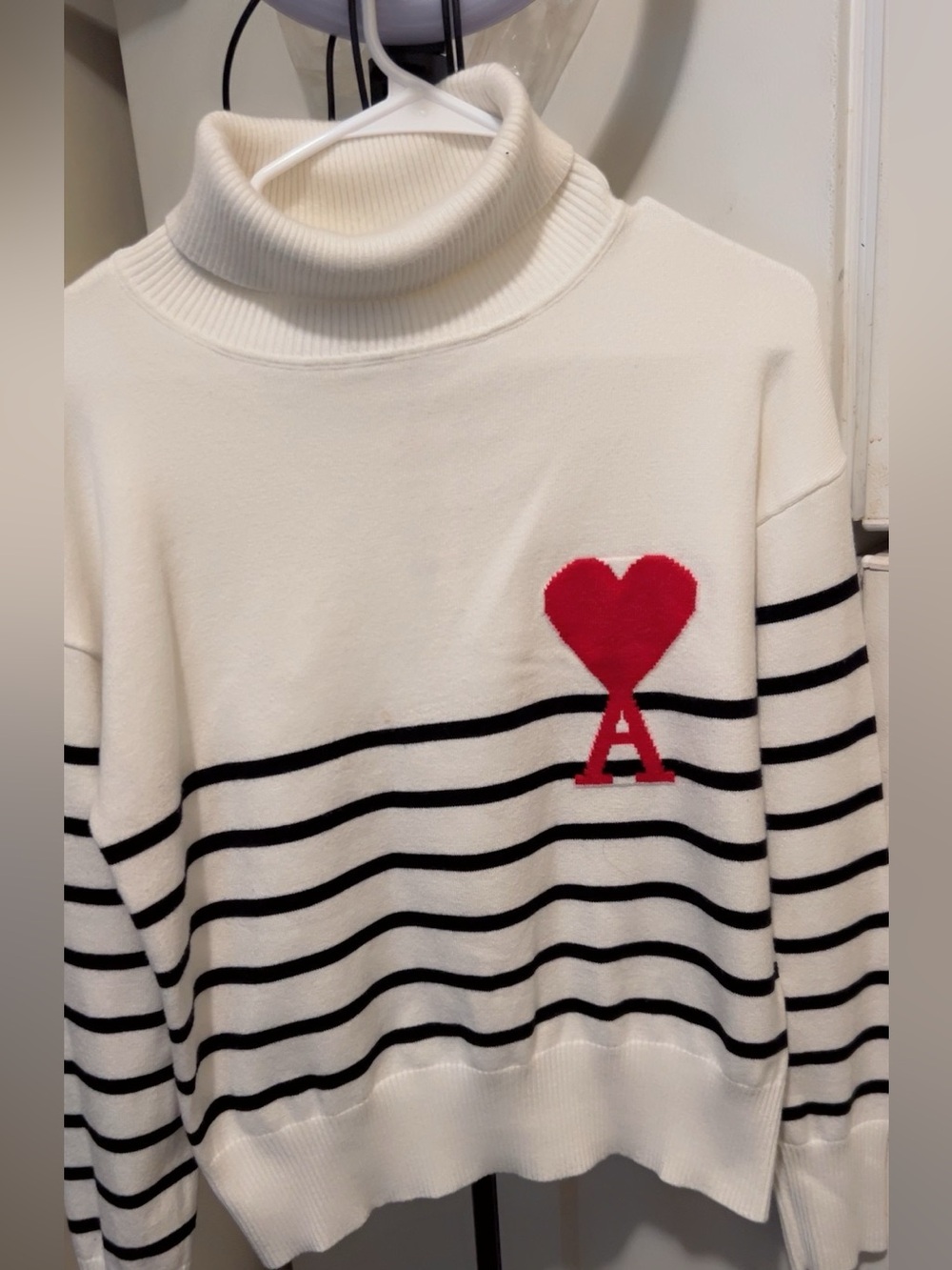 Ami Cream Turtleneck Sweater with Black Stripes and Red Heart A